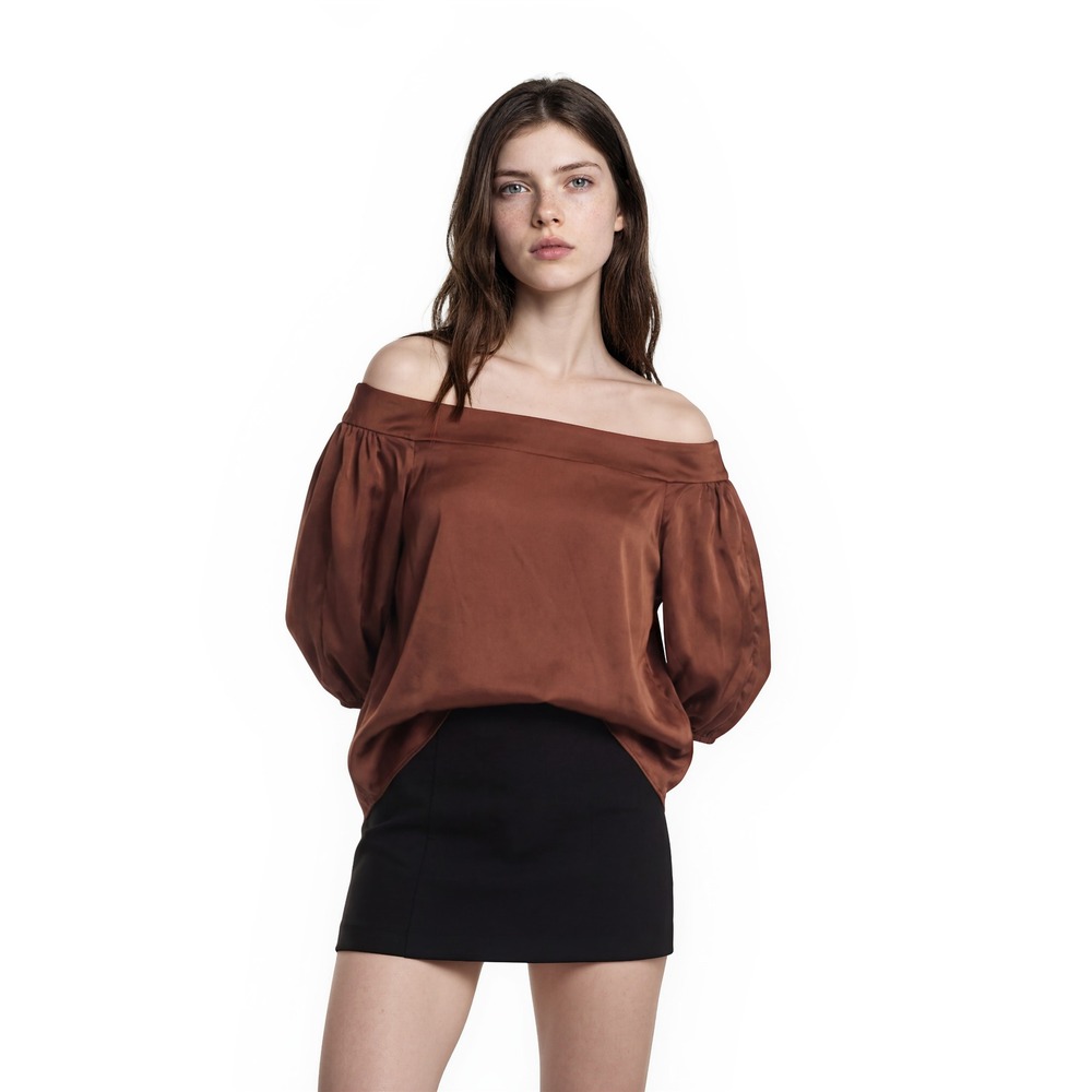 Tibi 100% Silk Off Shoulder Blouse Women's Size 4 Brown Balloon Sleeve Top